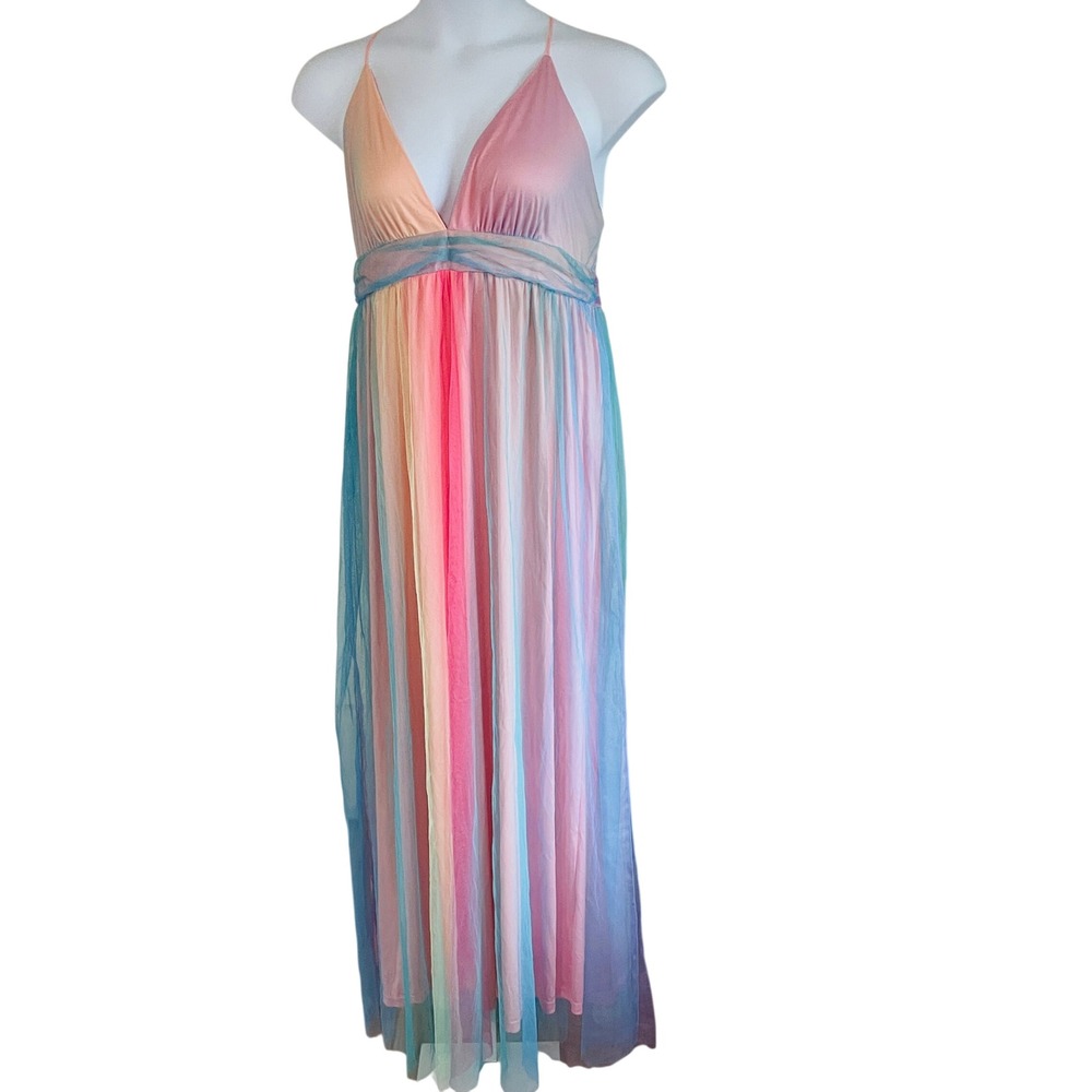 Womens Y2K Fairy Babydoll Pastel Rainbow Tulle Maxi Dress XL Whimsical Party